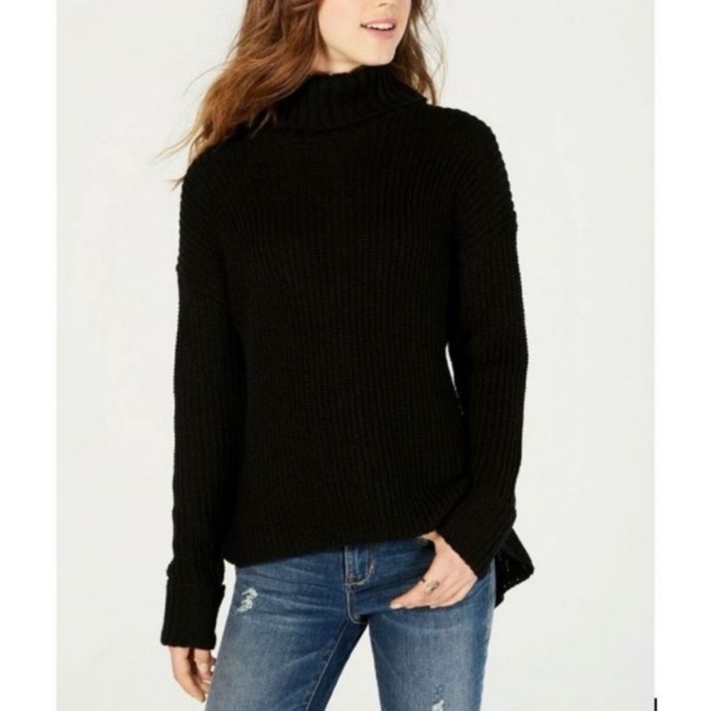 American Rag Classic Black Lazy Turtleneck Lace Up Knit Sweater